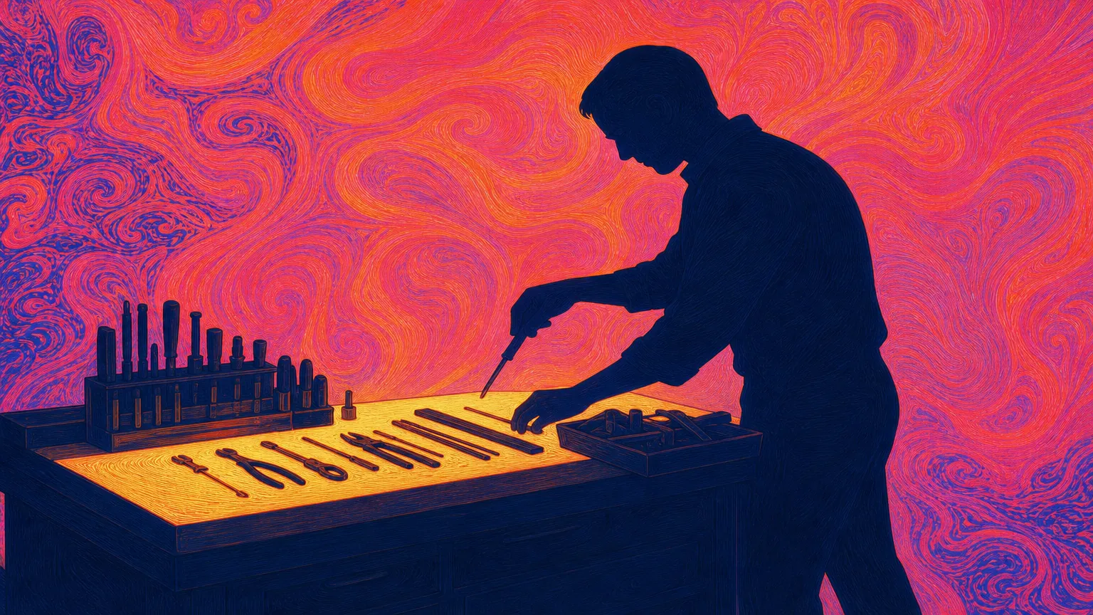 Psychedelisch-malerisches Bild mit einer dunkelblauen Silhouette, die einen KI-Agenten prunet, umgeben von leuchtenden Pink-Orange-Flächen